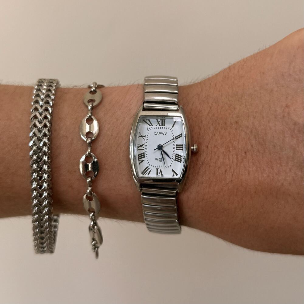 Y2K Silver Roman Numeral Quartz Watch Vintage Style Unisex 8.5" New